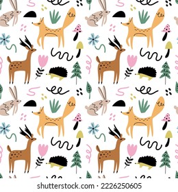 Seamless hand drawn pattern with cute Scandinavian style woodland animals, plants, flowers, mushrooms and trees. Characters isolated on white background. Forest fauna vector cartoon doodle clip art