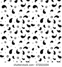 Seamless hand drawn pattern with cute black blobs. Black and white background. 