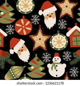 Seamless hand drawn pattern with decoration elements for christmas tree. Vector illustration.