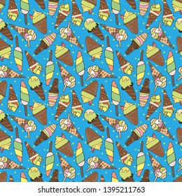 Seamless hand drawn pattern with different ice cream on blue backgraund. Be used to greeting card, poster, textile, wallpaper, print, branding.