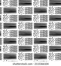 Seamless hand drawn pattern with different spots, strips and dots. Abstract strokes texture for fabric, paper, textile, apparel. Vector illustration