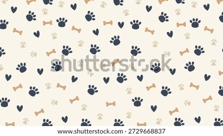 Seamless hand drawn pattern with dog paw prints, bones, and hearts. Cute pet background for textile and wallpaper