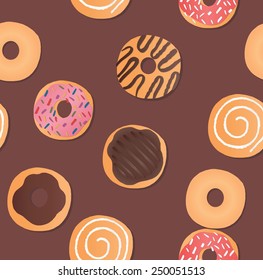 Seamless hand drawn pattern with donuts. Colorful endless texture with pastry. Template for design fabric, covers, menu