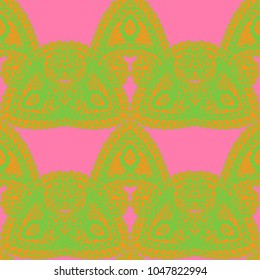Seamless Hand Drawn Pattern with Doodle Elements. Trendy Zendoodle Rapport for Feminine Print, Linen, Textile. Cute Autumn Background in Orient Style. Vector Seamless Texture with Flowers