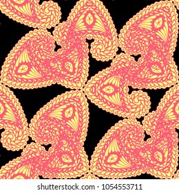 Seamless Hand Drawn Pattern with Doodle Elements. Modern Zendoodle Rapport for Feminine Fabric, Wallpaper, Dress. Cute Spring Background in Orient Style. Vector Seamless Texture with Flowers