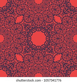 Seamless Hand Drawn Pattern with Doodle Elements. Vintage Zendoodle Rapport for Feminine Fabric, Linen, Textile. Cute Spring Background in Orient Style. Vector Seamless Texture with Flowers