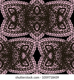 Seamless Hand Drawn Pattern with Doodle Elements. Vintage Zendoodle Rapport for Feminine Cloth, Paper, Dress. Cute Spring Background in Orient Style. Vector Seamless Texture with Flowers