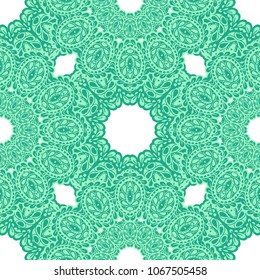 Seamless Hand Drawn Pattern with Doodle Elements. Vintage Zendoodle Rapport for Feminine Fabric, Linen, Textile. Cute Summer Background in Orient Style. Vector Seamless Texture with Flowers