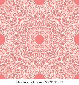 Seamless Hand Drawn Pattern with Doodle Elements. Modern Zendoodle Rapport for Feminine Fabric, Wallpaper, Dress. Cute Spring Background in Orient Style. Vector Seamless Texture with Flowers