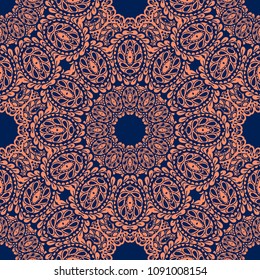 Seamless Hand Drawn Pattern with Doodle Elements. Vintage Zendoodle Rapport for Feminine Fabric, Linen, Textile. Cute Spring Background in Orient Style. Vector Seamless Texture with Flowers