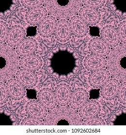 Seamless Hand Drawn Pattern with Doodle Elements. Trendy Zendoodle Rapport for Feminine Fabric, Linen, Textile. Cute Spring Background in Orient Style. Vector Seamless Texture with Flowers