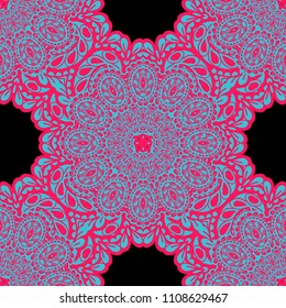 Seamless Hand Drawn Pattern with Doodle Elements. Trendy Zendoodle Rapport for Feminine Fabric, Linen, Textile. Cute Summer Background in Orient Style. Vector Seamless Texture with Flowers