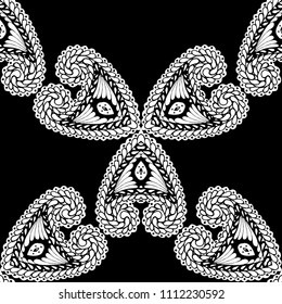 Seamless Hand Drawn Pattern with Doodle Elements. Modern Zendoodle Rapport for Feminine Print, Linen, Textile. Cute Spring Background in Orient Style. Vector Seamless Texture with Flowers