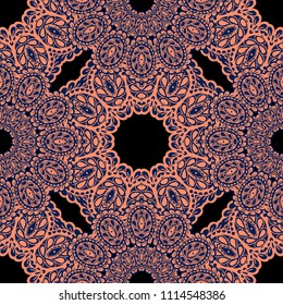 Seamless Hand Drawn Pattern with Doodle Elements. Vintage Zendoodle Rapport for Feminine Cloth, Paper, Print. Cute Autumn Background in Orient Style. Vector Seamless Texture with Flowers