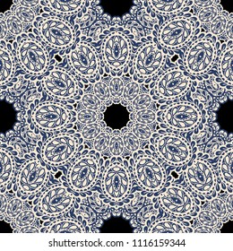 Seamless Hand Drawn Pattern with Doodle Elements. Modern Zendoodle Rapport for Feminine Cloth, Paper, Print. Cute Spring Background in Orient Style. Vector Seamless Texture with Flowers
