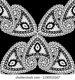 Seamless Hand Drawn Pattern with Doodle Elements. Trendy Zendoodle Rapport for Feminine Fabric, Linen, Textile. Cute Summer Background in Orient Style. Vector Seamless Texture with Flowers