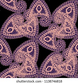Seamless Hand Drawn Pattern with Doodle Elements. Vintage Zendoodle Rapport for Feminine Fabric, Linen, Textile. Cute Autumn Background in Orient Style. Vector Seamless Texture with Flowers