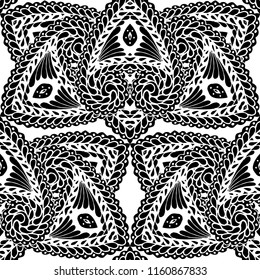 Seamless Hand Drawn Pattern with Doodle Elements. Modern Zendoodle Rapport for Feminine Fabric, Linen, Textile. Cute Summer Background in Orient Style. Vector Seamless Texture with Flowers
