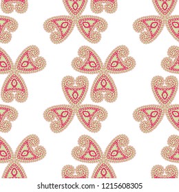 Seamless Hand Drawn Pattern with Doodle Elements. Vintage Zendoodle Rapport for Feminine Fabric, Wallpaper, Dress. Cute Summer Background in Orient Style. Vector Seamless Texture with Flowers