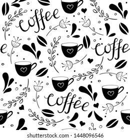 Seamless hand drawn pattern in doodle style with coffee lettering, floral elements, beans and a coffee cup. VEctor illustration for print, textile design, menu. 