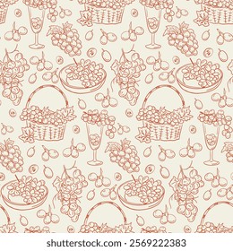 Seamless hand drawn pattern with doodle grapes, baskets, wine glasses, and bowls with outline design in warm tones on light background. Vector illustration for vegan concept