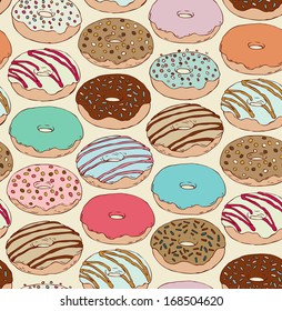 Seamless hand drawn pattern with doughnuts. Colorful endless texture with pastry. Template for design fabric, covers, menu