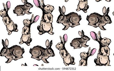 Seamless hand drawn pattern with easter rabbit. Background with bunny for wallpapers, textile, paper.