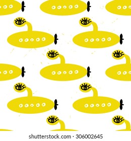 Seamless hand drawn pattern with eyes and yellow submarines.