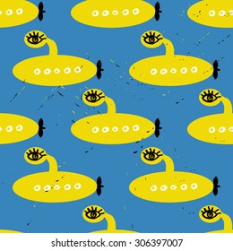 Seamless hand drawn pattern with eyes and yellow submarines.