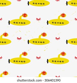 Seamless hand drawn pattern with eyes and yellow submarines.