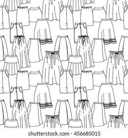 Seamless Hand Drawn Pattern. Fashion Collection with Different Skirts. Vector Black and White Background. Repetitive Doodle Texture. Ready Swatch Included in File