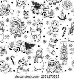 seamless hand drawn pattern featuring festive Christmas doodle elements like Santa, reindeer, snowman, car with a tree, nutcracker, gifts, holly, and gingerbread.