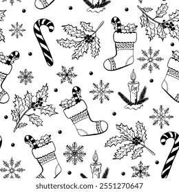 seamless hand drawn pattern featuring Christmas doodle elements like stockings, candy canes, holly, candles, snowflakes, and decorative berries.