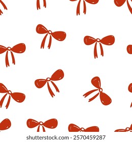 Seamless hand drawn pattern featuring red bows on a white background for creative cute design vector illustration