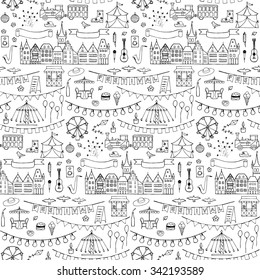 Seamless hand drawn pattern with festival elements. Vector illustration of doodle festival elements for backgrounds, wrapping, wallpaper, textile prints