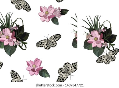Seamless hand drawn pattern with flying butterflies and lotus flowers. Vector illustration in vintage style.