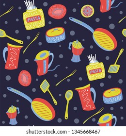 seamless hand drawn pattern of frying pan with kettle and other kitchen appliances and utensils