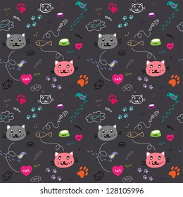 seamless hand drawn pattern with funny cats on the dark background vector
