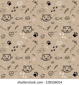 seamless hand drawn pattern with funny cats on the light brown background vector