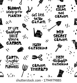 Seamless hand drawn pattern with garden tools.Vector illustration of gardening lettering and tools: spade, pitchfork, watering can,gloves. Happy gardening design for textile,wrapping paper,poster.