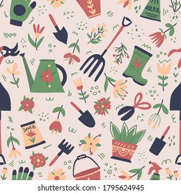 Seamless hand drawn pattern with garden tools and flowers.Vector illustration of gardening tools: spade, pitchfork, watering can,gloves. Happy gardening design for textile,wrapping paper,poster.