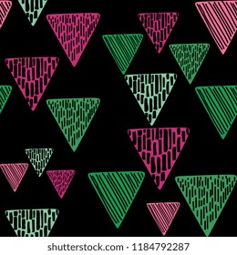 Seamless hand drawn pattern with geometric triangle abstract. Colorful vintage trendy vector illustration for fashion textile wrapping and print.