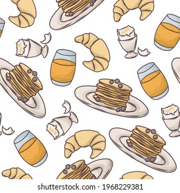 Seamless hand drawn pattern with glass of juice, pancakes with berries, croissant and soft-boiled egg