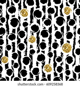 Seamless hand drawn pattern with golden glitter textured circle and white stripes