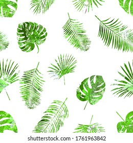 Seamless hand drawn pattern with green palm leaves on white background. Vector illustration