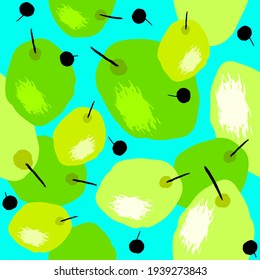 Seamless hand drawn pattern. Green fruits and black berries on a blue background. Vector illustration.