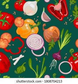 Seamless hand drawn pattern with healthy vegetables, peppers, carrots, onions, garlic, parsley, arugula, vegetable slices on a green background. Vegetarian healthy food vector. Farmers market