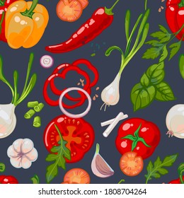 Seamless hand drawn pattern with healthy vegetables, peppers, carrots, onions, garlic, basil, parsley, arugula, vegetable slices on a dark background. Vegetarian healthy food vector. Farmers market