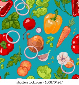 Seamless hand drawn pattern with healthy vegetables, peppers, carrots, onions, garlic, radish, parsley, arugula, vegetable slices on a blue background. Vegetarian healthy food vector. Farmers market