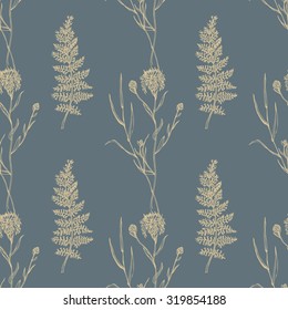 Seamless hand drawn pattern with herbs and wildflowers. Suitable for paper, wallpaper, textile. Herbal vintage background. 
